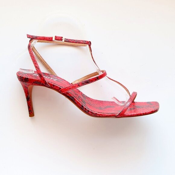 SCHUTZ Red Black Snakeskin Strappy Open Square Toe  Heeled Sandals Summer Shoes - Picture 8 of 16